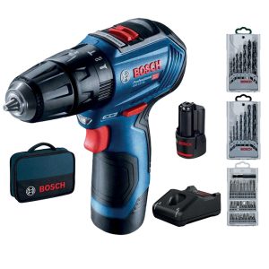 Akumulatorska vibraciona bušilica-odvrtač Bosch GSB 12V-30, dve baterije GBA 12V 2.0Ah, punjač GAL 12V-40 i 39-delni set pribora u torbi